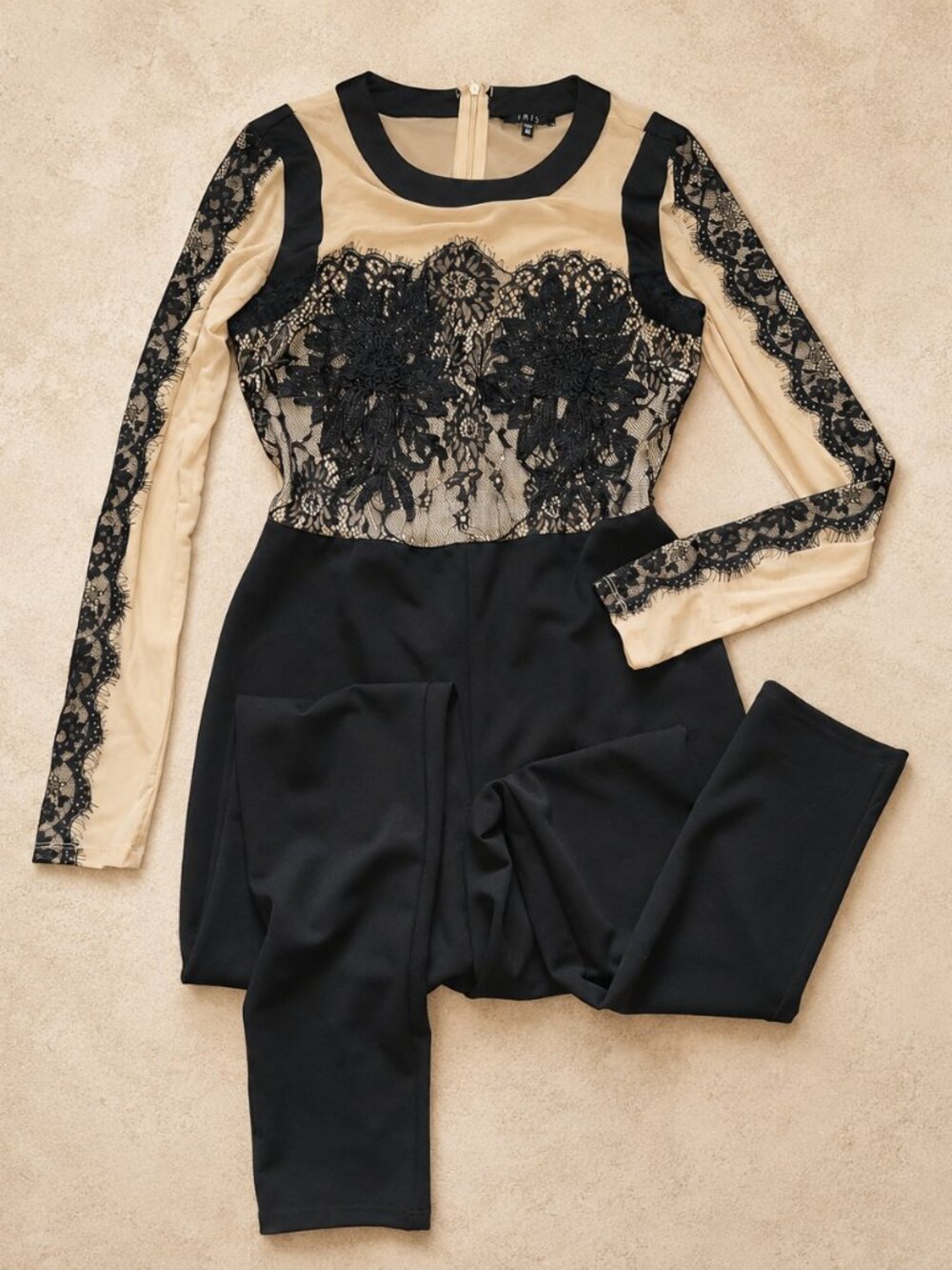 IRIS Lace Jumpsuit M Black Nude Illusion Long Sleeve Party Cocktail Chic Medium